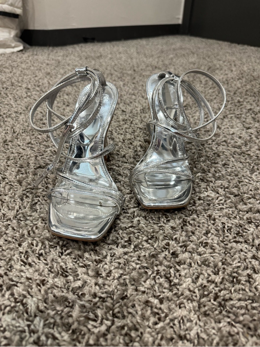 Metallic Silver Strappy High-Heel Sandals with Ankle Wrap